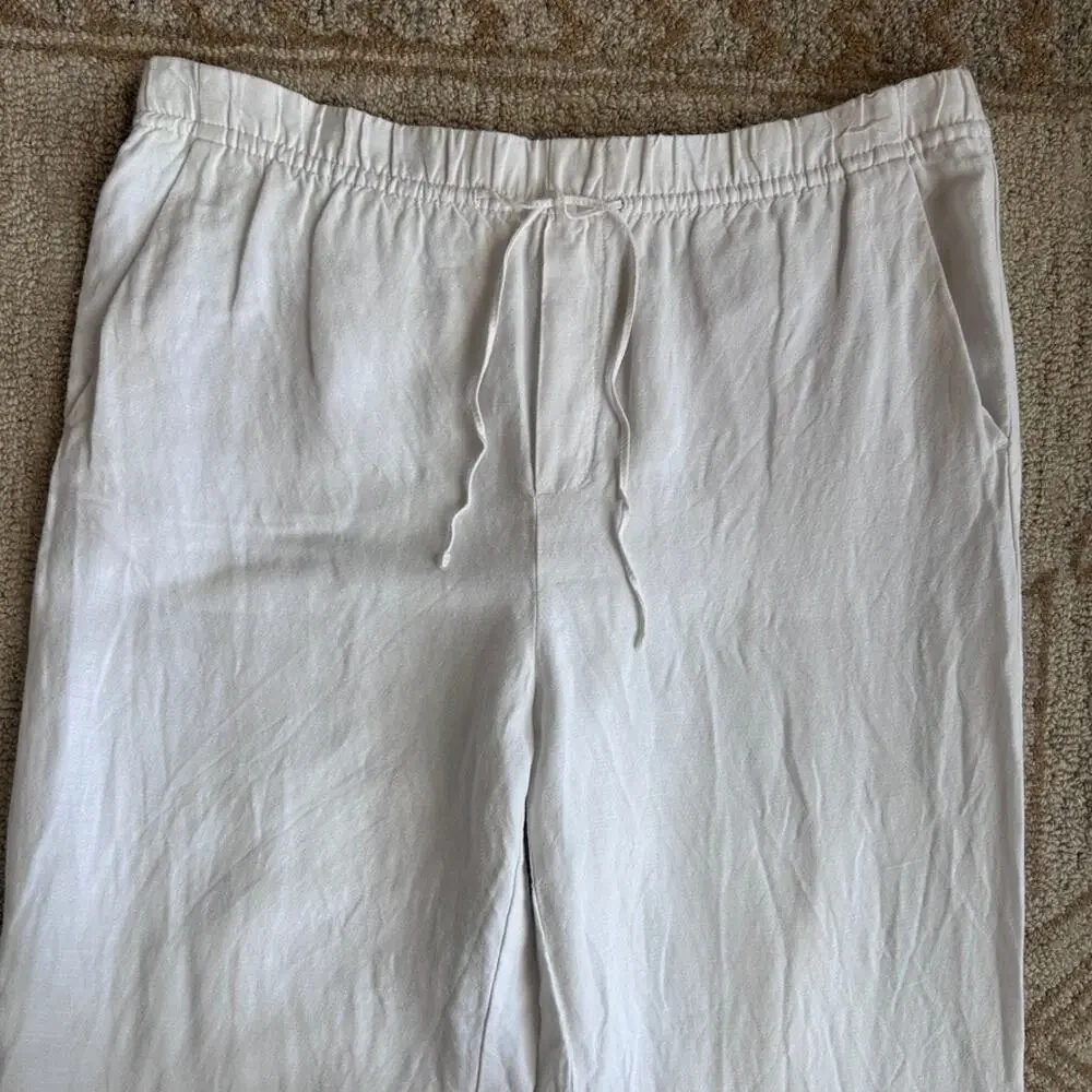 Wide Leg Pull On Tie Waste Linen Pants Pockets Lightweight Capsule White Women M